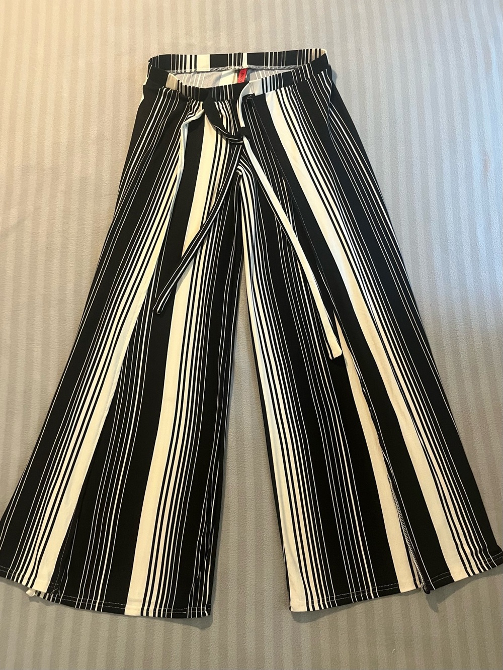 Hot Kiss Black & White Vertical Stripe Wide Leg Pants with Tie